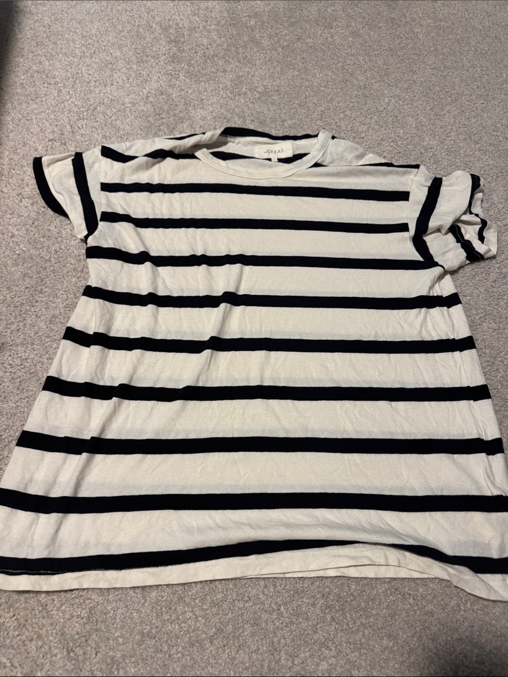 THE GREAT. White and Black Striped Cotton Tee